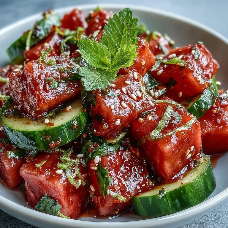 Vibrant watermelon cucumber salad, seasoned with Tajin lime, perfect for a light, refreshing side.