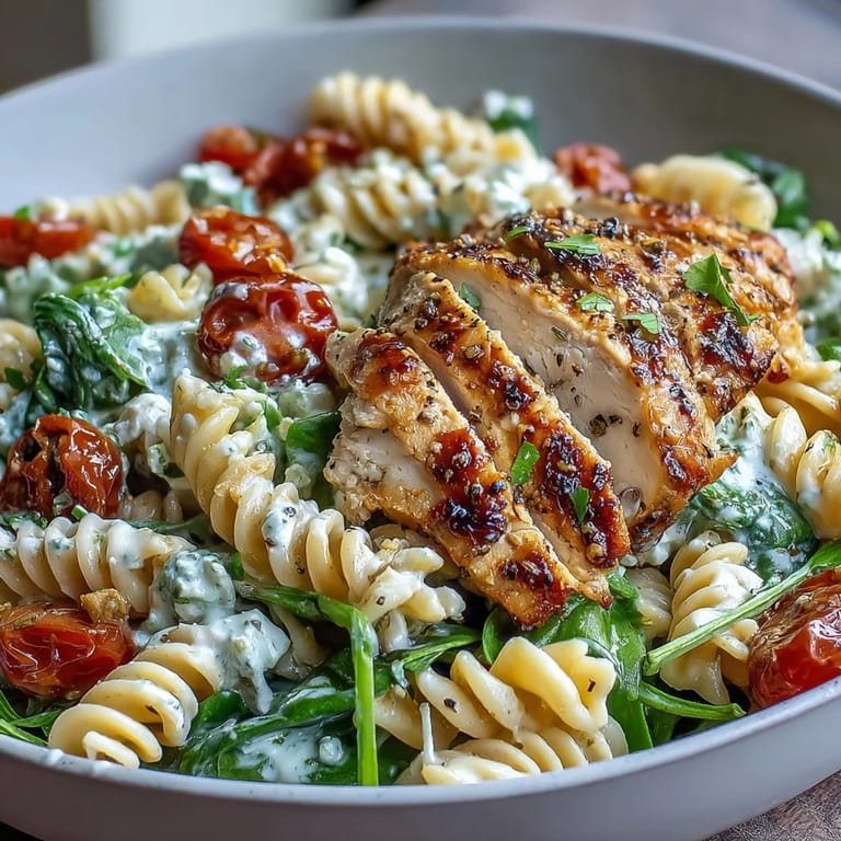 Wholesome pasta bowl loaded with grilled chicken, cottage cheese, and vibrant spinach, perfect for a healthy dinner.