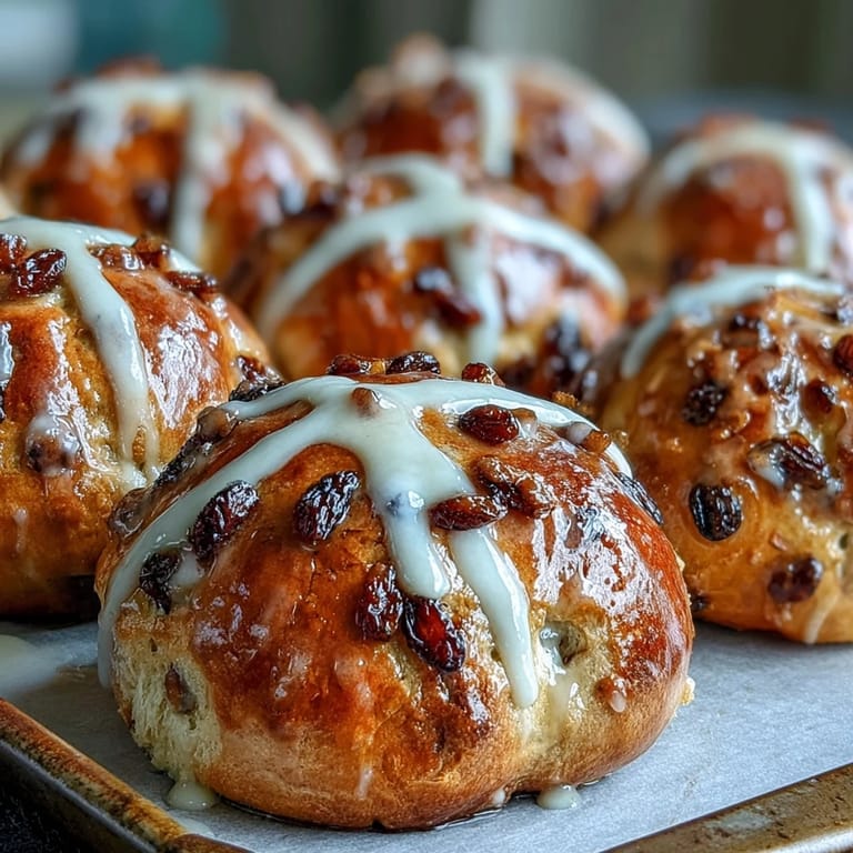 Plump, spiced hot cross buns fresh from the oven, brushed with apricot glaze and ready to serve with butter or jam.  