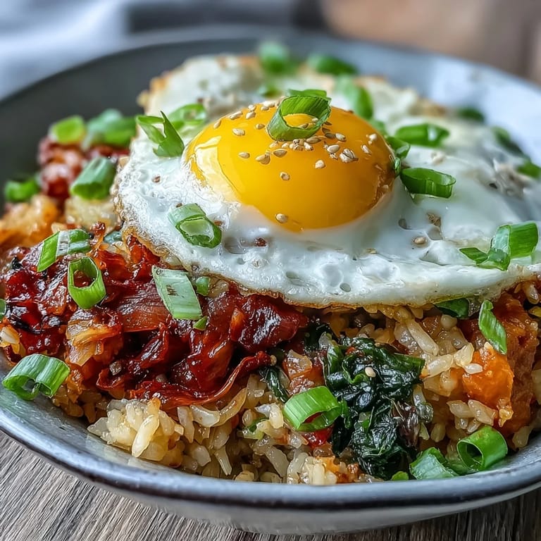 Hearty kimchi fried rice bowl, brimming with tender kimchi and savory goodness.