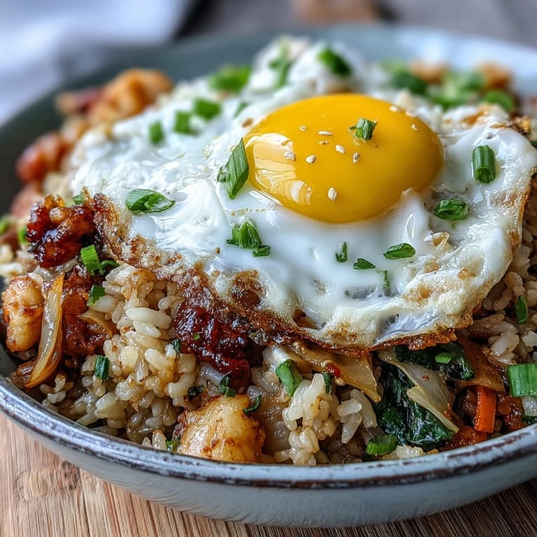 A vibrant Asian-inspired kimchi fried rice bowl, ready to be devoured.