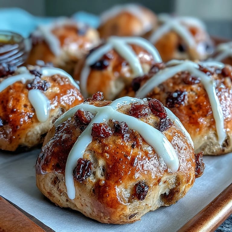 Traditional hot cross buns with a light, fluffy texture, cinnamon aroma, and sweet icing crosses for a festive holiday treat.