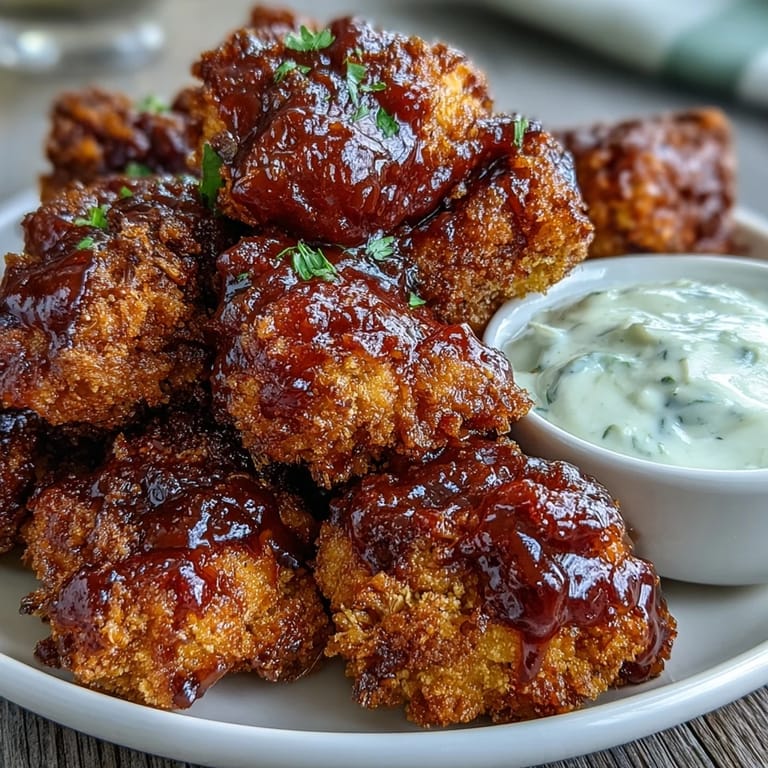 Oven-baked Vegan BBQ Cauliflower Wings, featuring a smoky glaze and cooling vegan ranch.