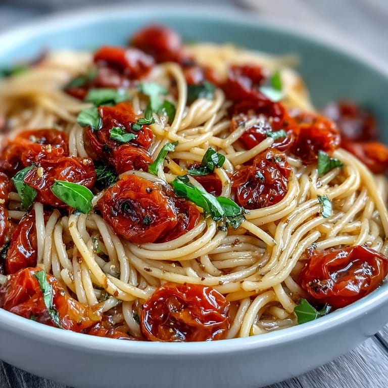 Cherry Tomato Confit Pasta with Garlic Oil, glistening tomatoes over spaghetti.