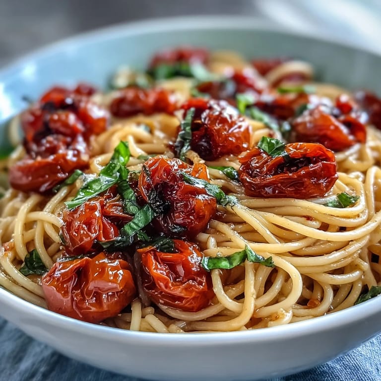 Flavorful Cherry Tomato Confit Pasta with garlic oil and fresh basil.