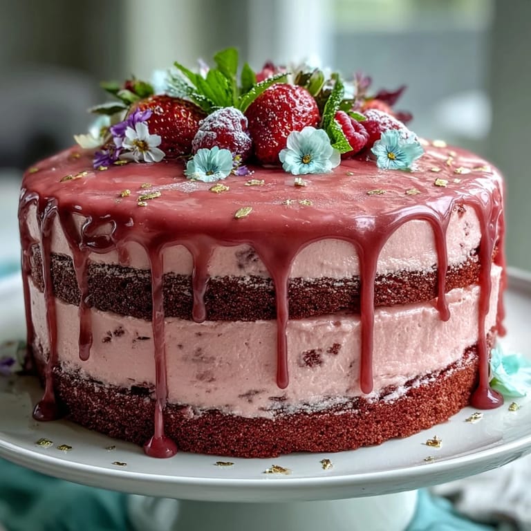 A stunning Bridal Shower Rosé Velvet Cake, decadently frosted with a shimmering gold drip.