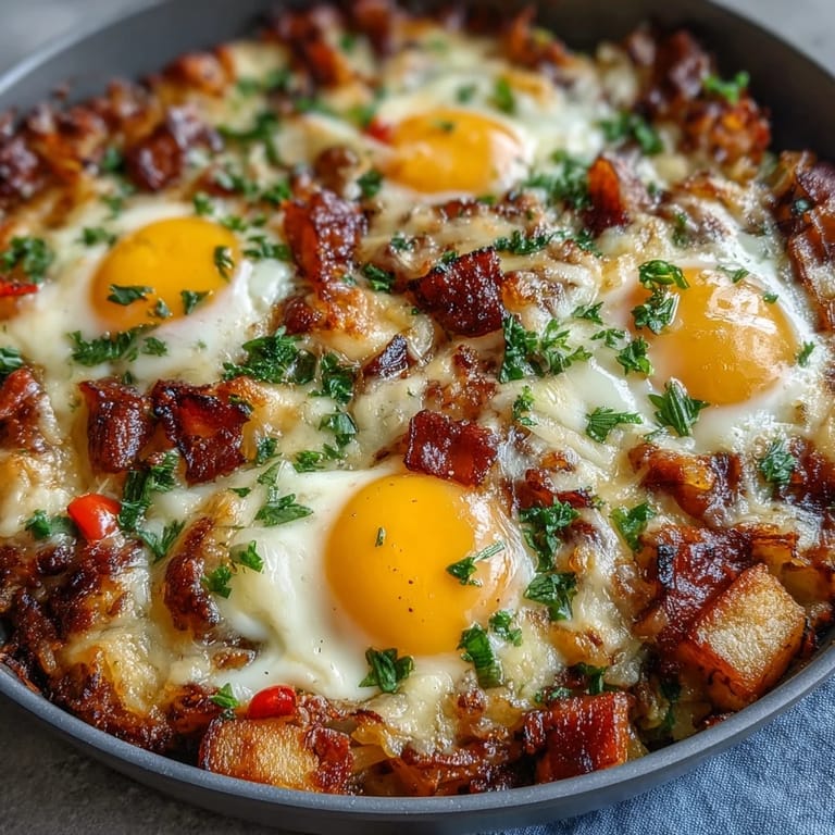 Crispy hash brown skillet, featuring perfectly cooked eggs and crumbled bacon for breakfast.