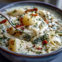 Creamy Potato Soup with Cabbage in a rustic bowl, garnished with fresh parsley and served with crusty bread.