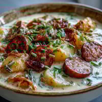 Steaming bowl of Creamy Cajun Potato Soup with Andouille Sausage, topped with fresh green onions for a spicy kick.