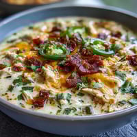 Creamy Spicy Jalapeño Popper Chicken Soup in a rustic bowl, garnished with fresh cilantro and crumbled bacon.