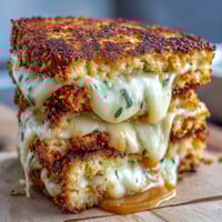 Golden toasted Keto Cheesy Cauliflower Bread Grilled Cheese sandwiches with gooey melted cheese oozing out.