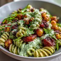 A colorful vegan pasta salad with creamy pesto, chickpeas, arugula, and cherry tomatoes, perfect for a healthy lunch.  