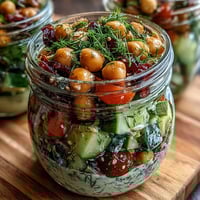 Bright, colorful salad jars packed with chickpeas, crisp cucumber, juicy cherry tomatoes, and fresh herbs, drizzled with a zesty citrus dressing.