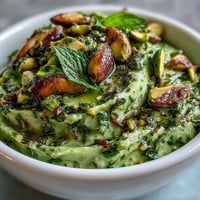 A vibrant green pistachio pesto with fresh basil, garlic, and Parmesan in a food processor.  