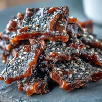 Crispy black sesame brittle with golden caramel and toasted seeds, perfect for snacking or dessert topping.  