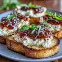 Golden toasted baguette slices topped with creamy goat cheese and vibrant chili jam for a sweet and spicy appetizer.  