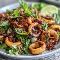 Chilli-Lime Squid Salad with vibrant greens, tender squid, and zesty dressing, topped with crispy shallots for crunch.