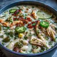 A steaming bowl of White Bean Chicken Chili topped with avocado slices and fresh cilantro.  