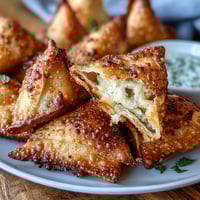 Crispy air-fried vegetable samosas filled with spiced potatoes and peas, served with fresh mint chutney.  