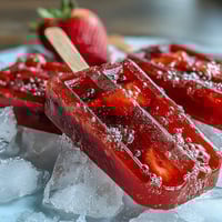 Galentines Strawberry Mimosa Popsicles with fresh strawberries and sparkling wine, served on a rustic wooden tray with edible flowers.