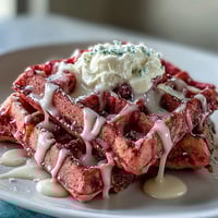 Fluffy pink velvet waffles with cocoa undertones, topped with a rich cream cheese drizzle for a festive brunch treat.