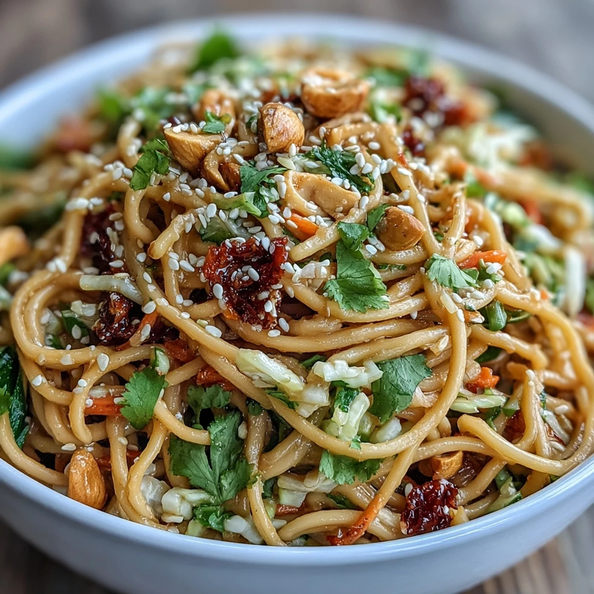 A colorful bowl of Asian sesame noodle salad with crisp vegetables and a creamy peanut dressing, garnished with chopped peanuts and cilantro.