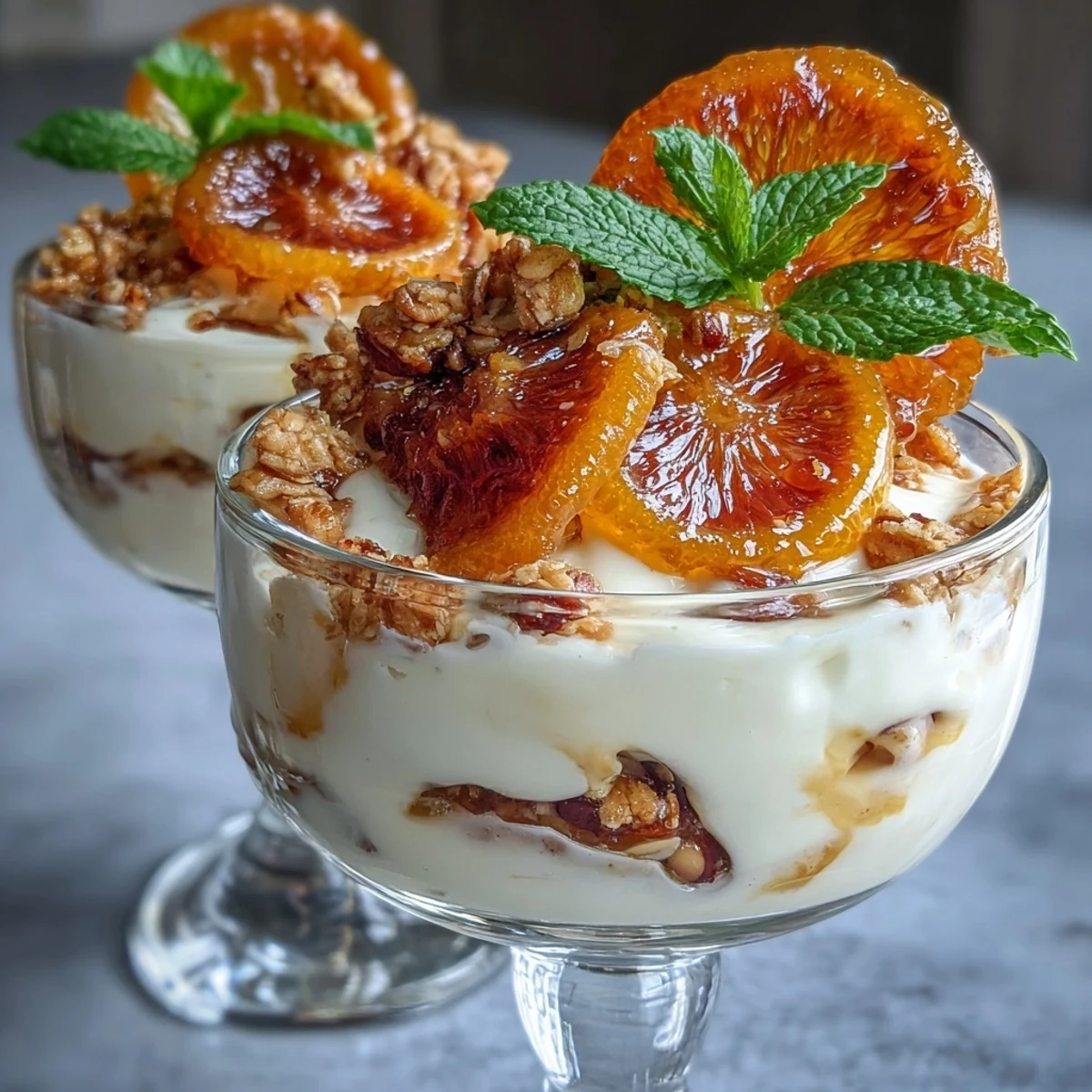 A vibrant parfait layered with creamy Greek yogurt, sweet candied orange slices, and crunchy granola for a refreshing breakfast or dessert.