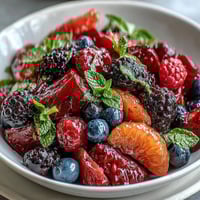 Vibrant citrus and berry fruit salad with fresh mint, perfect for spring brunches or light desserts.  
