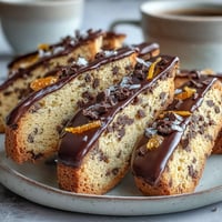 Crispy biscotti with candied orange peel and dark chocolate chunks, perfect for dipping in coffee or dessert wine.  