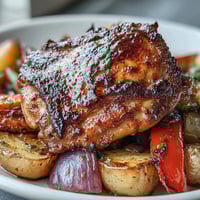 Juicy bone-in chicken thighs and colorful roasted vegetables baked together on a sheet pan for an easy, healthy dinner.