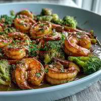 Colorful shrimp stir-fry with crisp bell peppers, broccoli, and carrots in a savory garlic-ginger sauce, garnished with sesame seeds.  