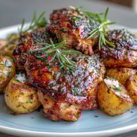 Golden roasted chicken with crispy skin, surrounded by tender potatoes and fresh herbs, a perfect centerpiece for dinner.