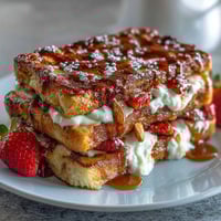 Decadent strawberry French toast bake with brioche, custard, and almonds, ready for a festive brunch spread.