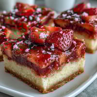 Tangy strawberry lemonade filling with a buttery shortbread crust in a vibrant dessert bar.