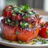 Vibrant stuffed bell peppers bursting with quinoa, herbs, and fresh vegetables, baked until tender and golden.