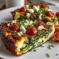 Golden Spring Veggie Frittata with asparagus and creamy goat cheese, baked until puffed and golden.  