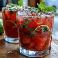Watermelon Mint Vodka Spritz Mocktail with vibrant mint and citrus garnish in tall glasses.