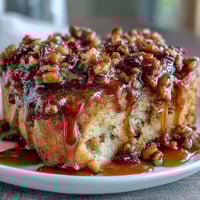 Easy Capirotada: golden-brown layers of bread soaked in sweet piloncillo syrup.