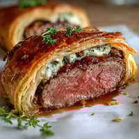 Golden Individual Beef Wellington parcels showcase flaky pastry encasing savory beef and mushrooms.