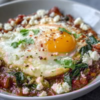 Spinach and Feta Shakshuka with eggs poached in a spiced tomato and spinach sauce, topped with creamy feta.