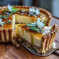 A crisp, buttery tart shell filled with silky, tangy lemon curd and adorned with fresh edible flowers for a bright spring dessert.  