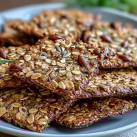 Homemade Seed Crackers arranged on a rustic wooden board with hummus and olives for a healthy snack spread.