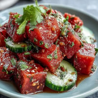 Juicy watermelon cucumber salad with Tajin and lime offering a cool, zesty summer bite.