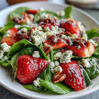 A colorful spring salad featuring fresh strawberries, baby spinach, creamy goat cheese, and toasted pecans, drizzled with balsamic vinaigrette.