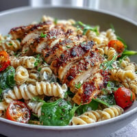High-protein pasta bowl with grilled chicken, creamy cottage cheese, and fresh spinach for a nourishing meal.  