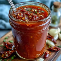 A vibrant jar of homemade fermented hot sauce with red chili peppers and garlic, ready to spice up any dish.