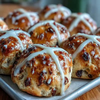 Soft homemade hot cross buns with golden raisins, warm spices, and a sweet white cross topping, perfect for Easter morning.  