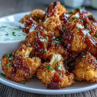 Crispy, saucy Vegan BBQ Cauliflower Wings alongside creamy ranch dip, perfect for dipping.