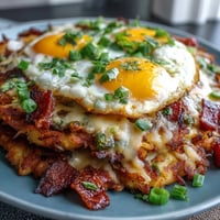 Golden loaded hash brown skillet, with melty cheese and runny eggs.